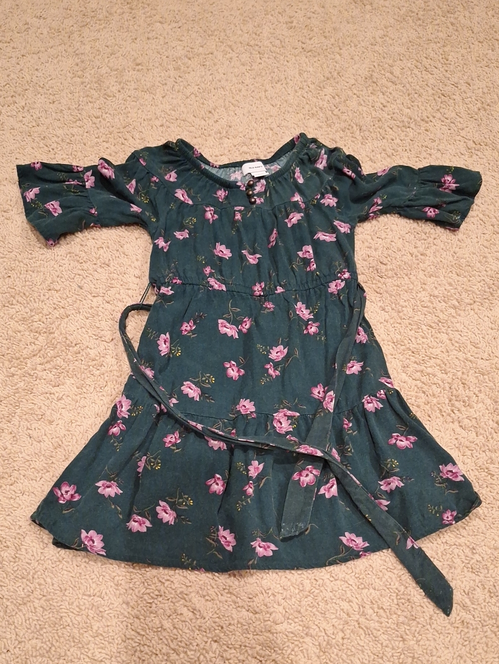 Old Navy Dark Teal Floral Belted Girls' Dress with Pink Flowers